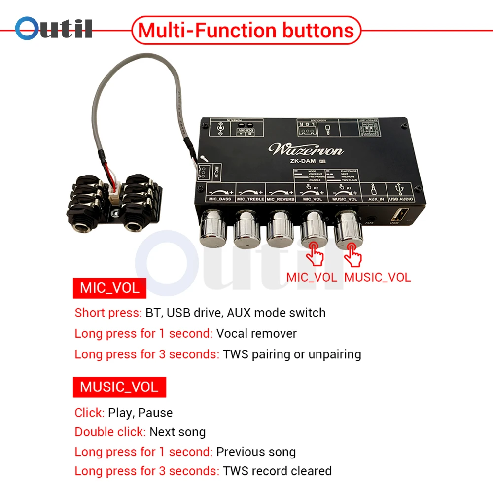 

8-36 В постоянного тока ZK-DAM-H2, плата предусилителя, обновленная плата реверберации караоке, устройство с низким уровнем шума, внешний микрофон, BT, USB-декодирование