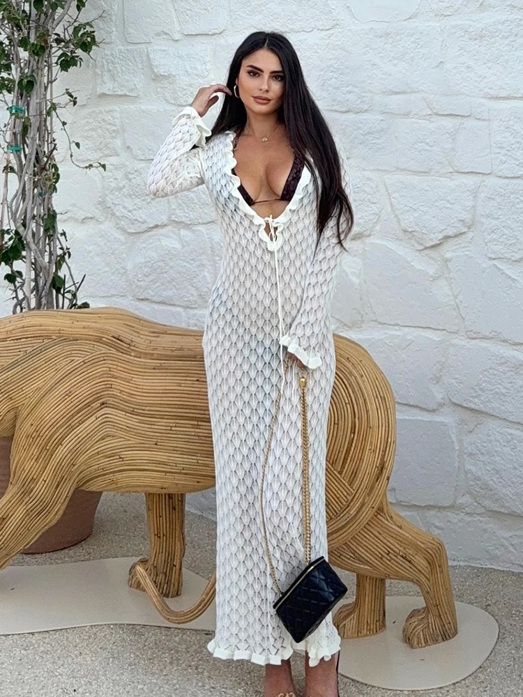 

2026 Summer Women Chic Knit Swimsuit Cover Up Beach Maxi Dress Sexy Ruffed Deep V Neck Cut Out Long Sleeve Holiday Dresses K221