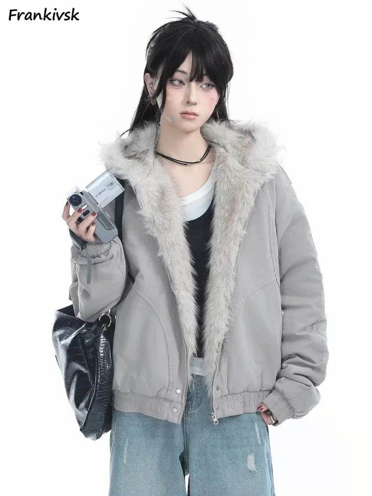 Plus Velvet Parkas Women American Retro Fluffy Warm Thickened Hooded Coats Daily Streetwear Fashion Personality Students Tender