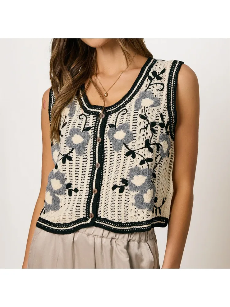 Women's Floral Embroidered Crochet Vest – Boho Open-Knit Button Down Waistcoat S81ad06c4e358487cbbad66caedd1edc8j