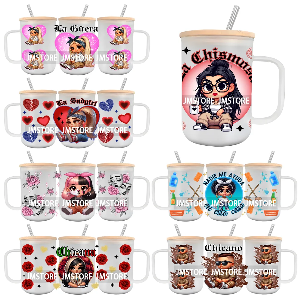 Pegatina de transferencia de vidrio de dibujos animados Chicano Girls, Rosa UV DTF, puede Envolver para taza de café de 15OZ, etiquetas de logotipo personalizadas DIY, cultura mexicana