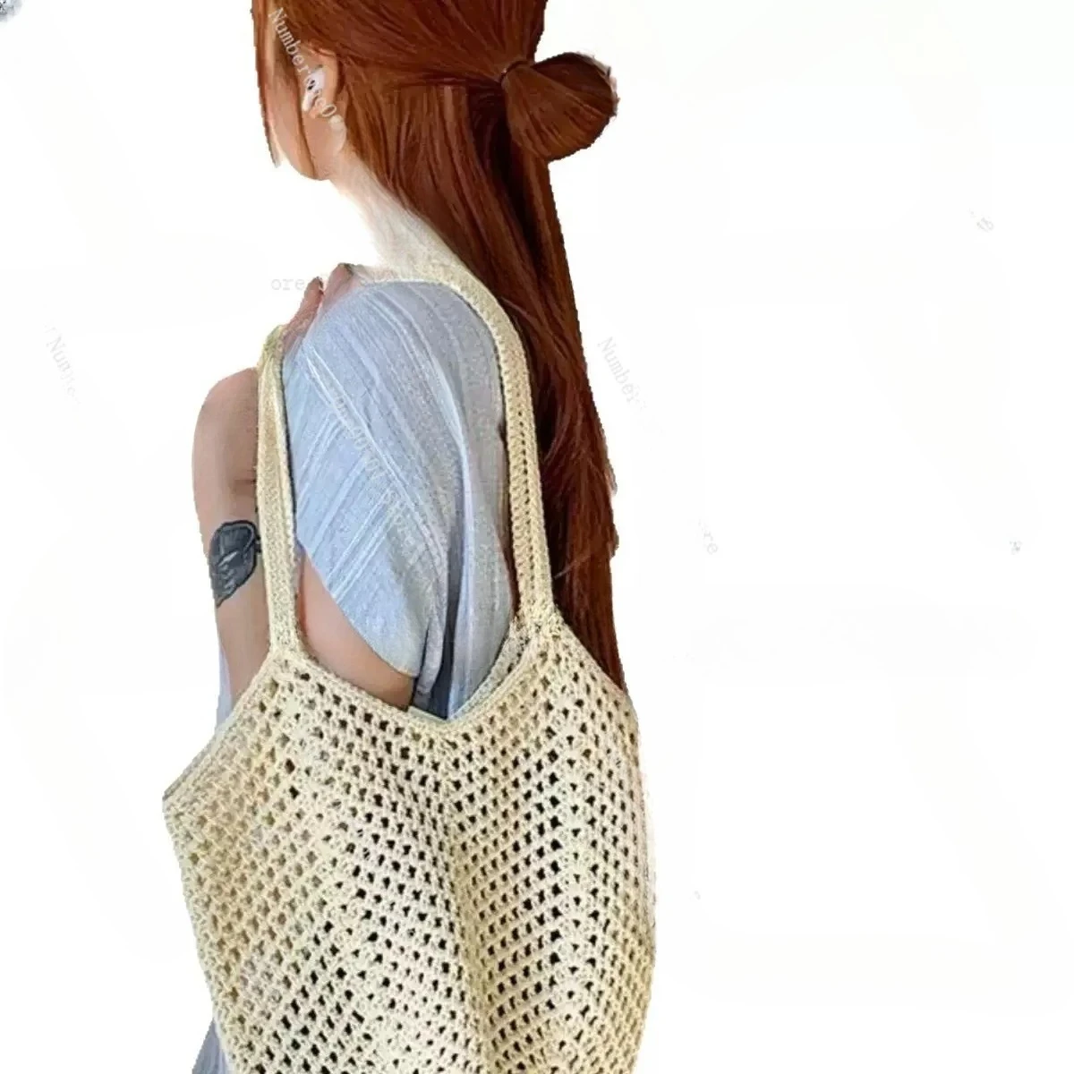 Bohemian Crochet Tote Bag Large Capacity Beach Vacation Shoulder Bag Handwoven Straw Hollow Out Design
