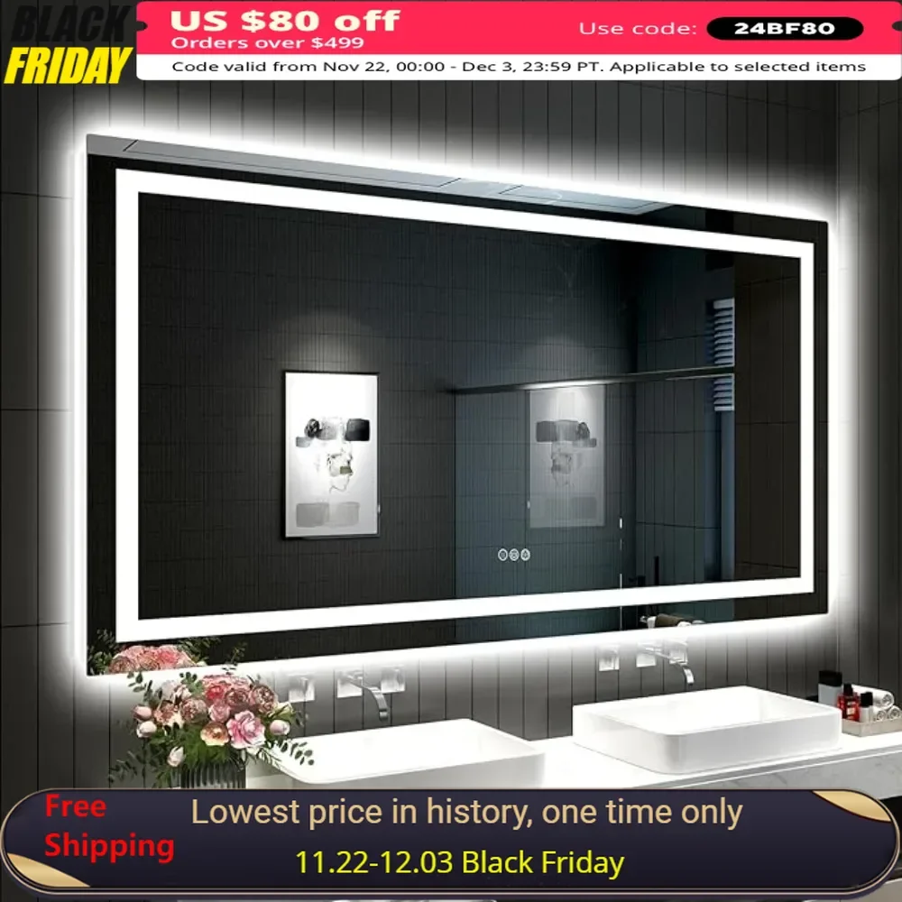 

44x28 Bathroom Mirror, Front and Backlit Lighted Mirrors, 3 Colors and Stepless Dimmable, Anti-Fog, LED Vanity Mirror