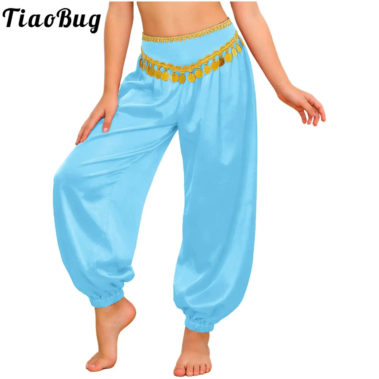 Kids Girls Oriental Belly Dance Harem Pants Braid Trim Sequin Tassels Loose Bloomers Trousers Halloween Arabian Princess Costume