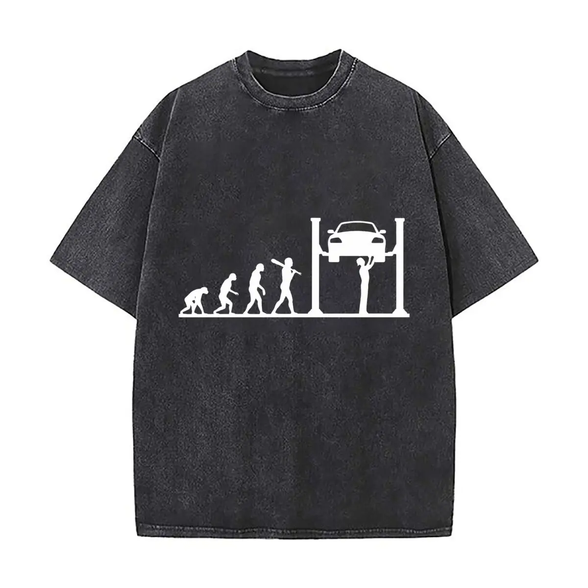 T-shirt ample à manches courtes, style streetwear, motif garage de réparation, édition vintage délavée, thème Évolution du mécanicien automobile, 2026