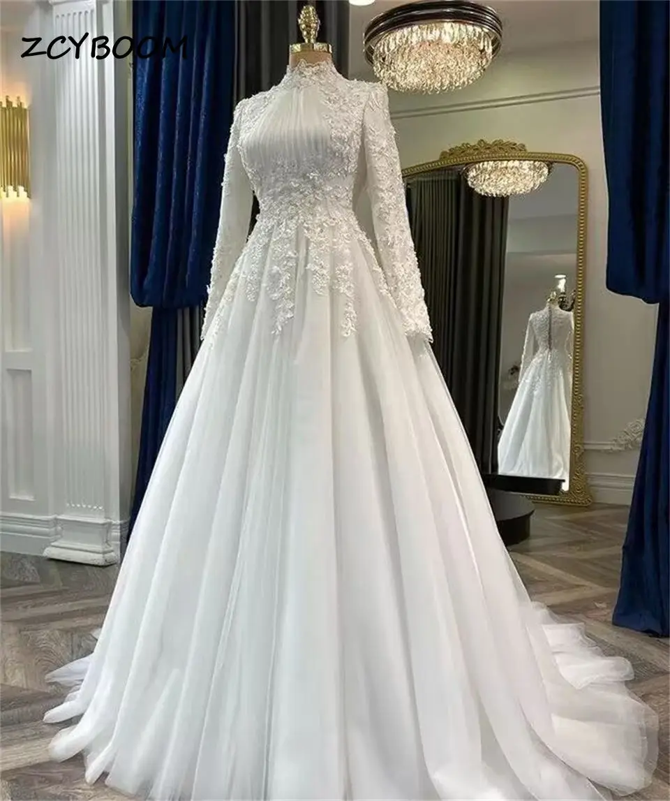 Elegant High Neck A-line Appliques Full Sleeves Tulle Wedding Dress For Women 2024 Sweep Train Bridal Gowns Vestidos De Noiva