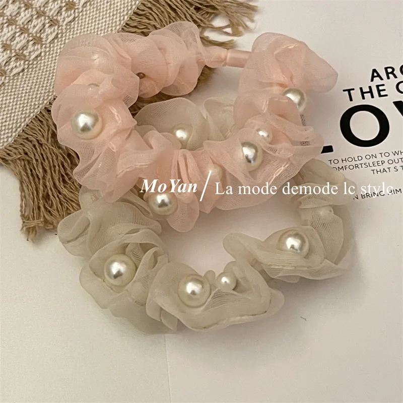 Korean Style Organza Nail Pearl Hair Band Fairy Mesh Elastic Hair Band Girly and Fashion Intestinal Ring Solid Color Hair Rope