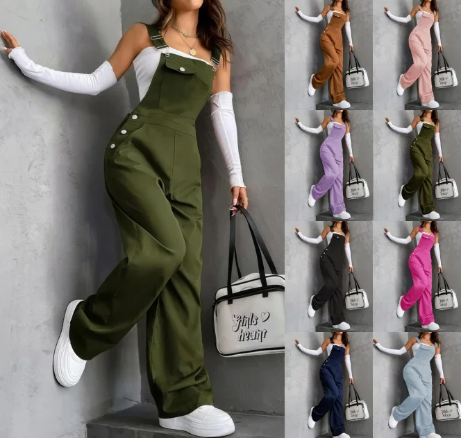 Early Autumn One-Piece Suit 2026 European And American Style Vacation Beach Retro Pocket Solid Color Workwear Strap Suit Thin Mo