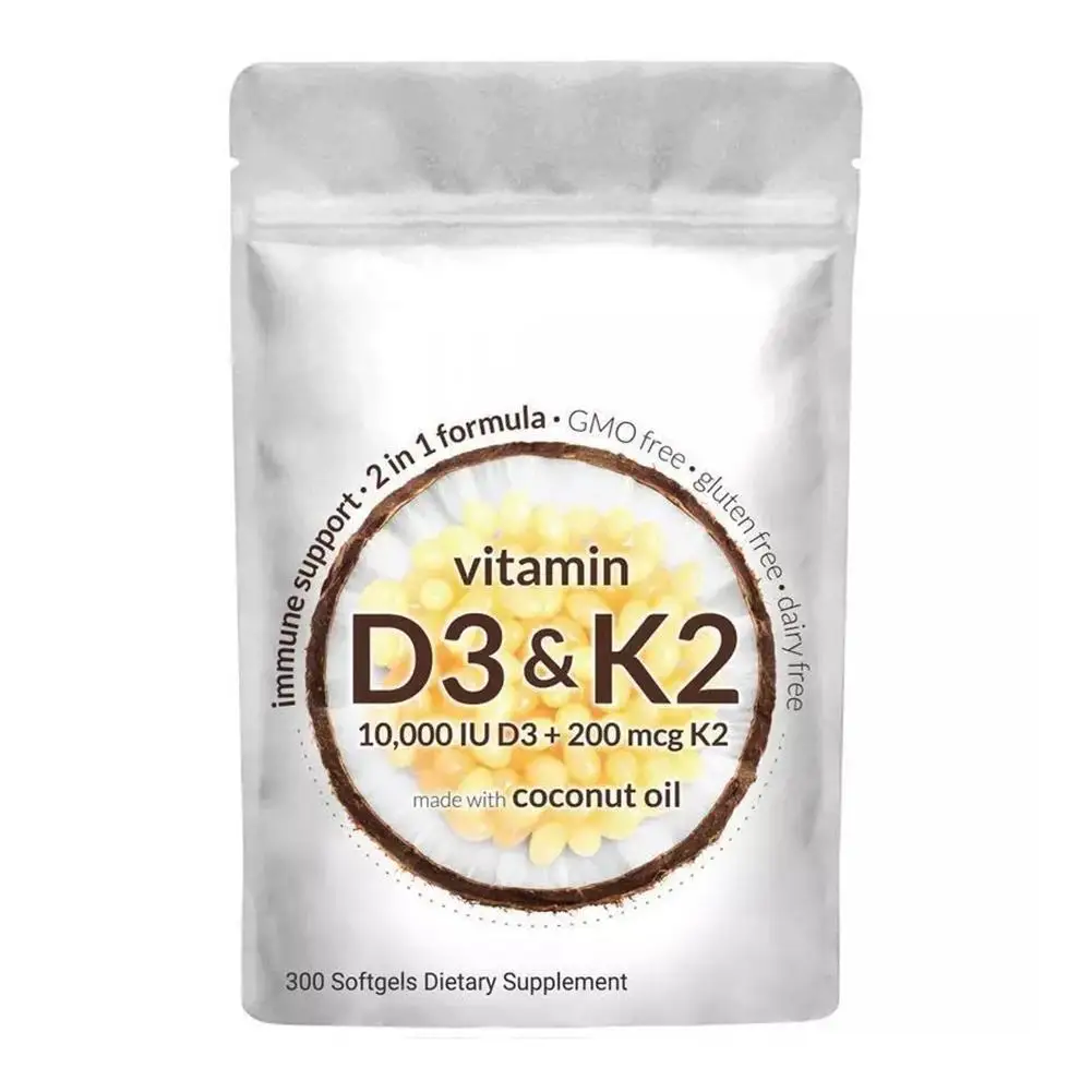 2-in-1 Vitamin D3 K2 Supplement Softgel, 10000 IU VIT D3 + 200 MCG Vitamin K2, Aiding in Calcium Absorption