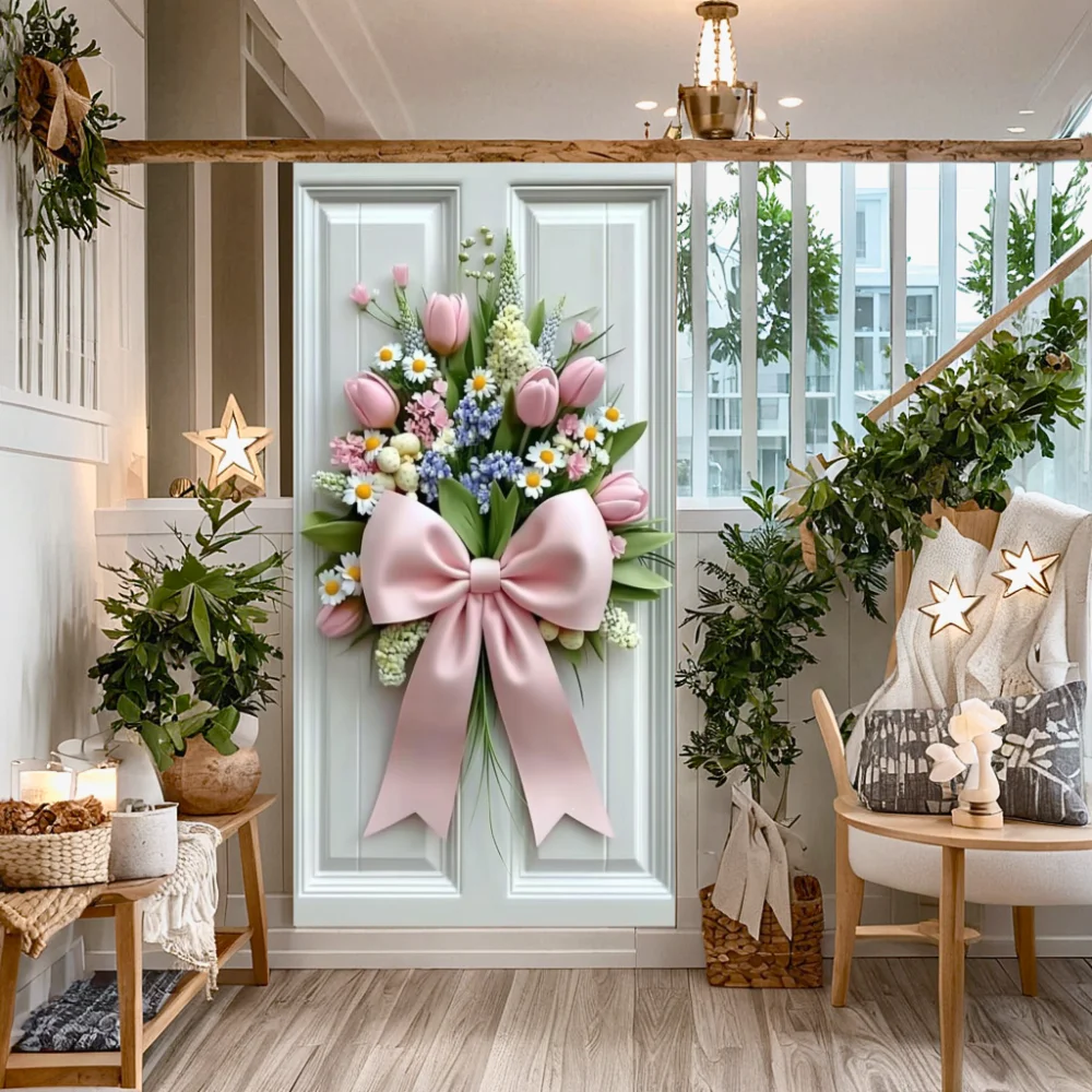 Couverture de porte couronne d'arc de printemps, bannière florale, ruban, doublure de porte, arrière-plan, nouvelle décoration de fête à domicile, rose violet, 2025