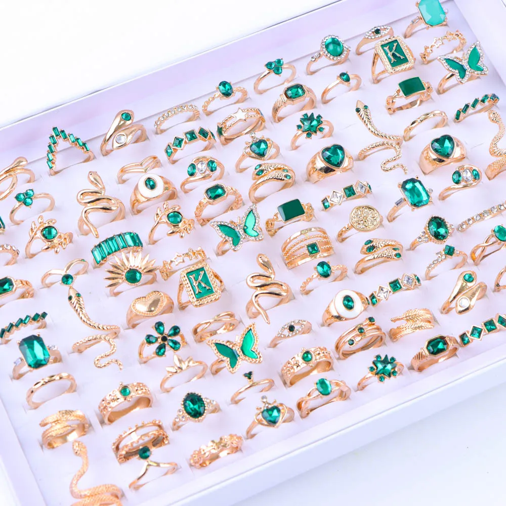 50Pcs/Lot Wholesale Vintage Silver Gold Color Women Finger Rings For Party Jewelry Accessories Gifts Different Styles Size 15-19