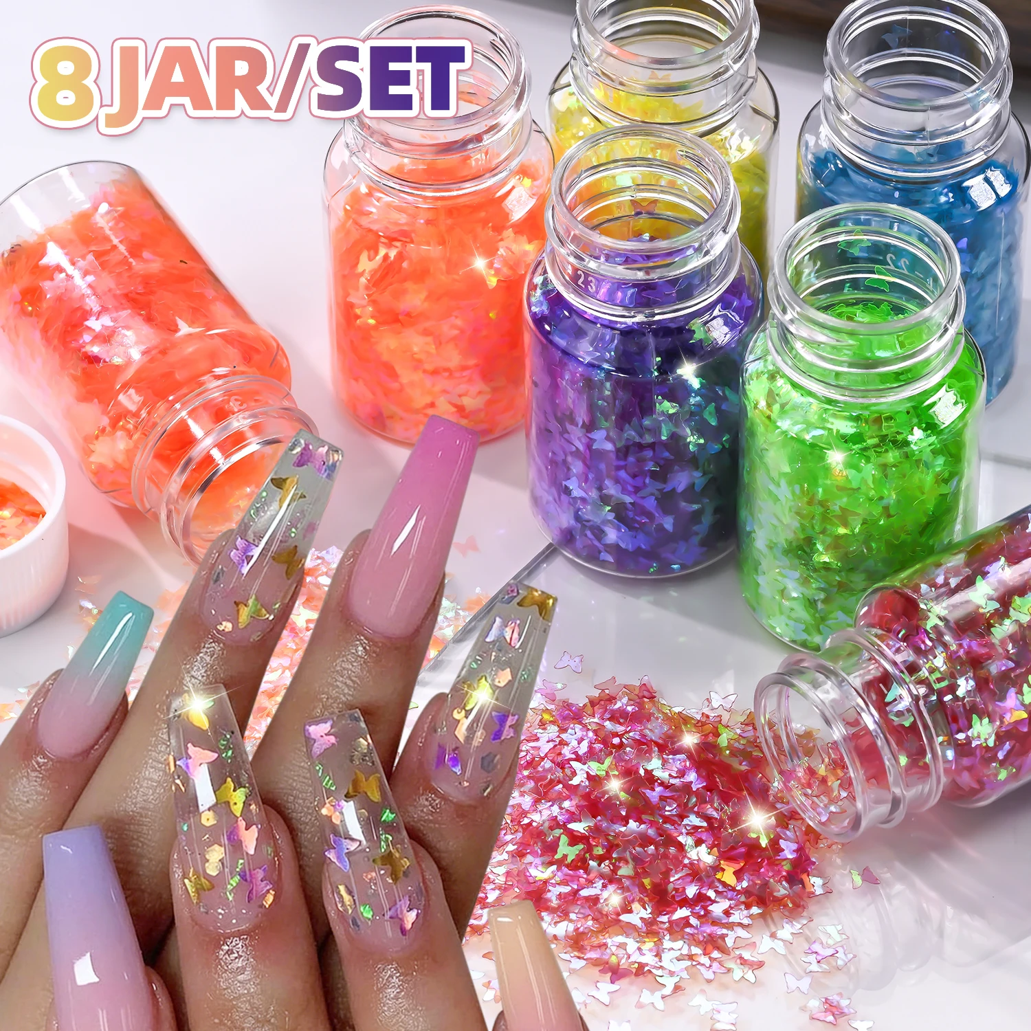 8bottles Laser Holographic Butterfly Nail Flakes 3D Colorful Butterfly Nail Glitter Sequins Face Body Manicure Paillettes Decora