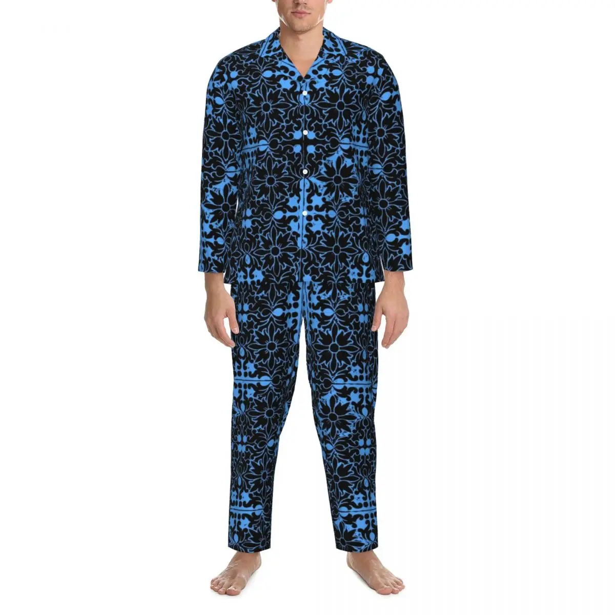 

Pajamas Male Retro Baroque Daily Nightwear Spanish Flower Fantasy 2 Piece Casual Pajama Sets Long-Sleeve Oversize Home Suit