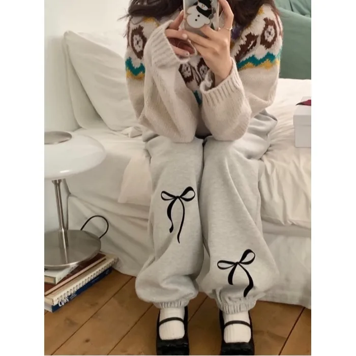 Autumn Winter Three-Color Dongda Gate  Knot Print Fleece Lined Sports Pants Sweatpants Girl Japanese Style Long Pants