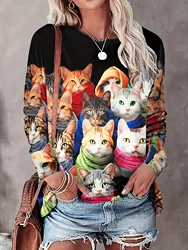 Spring Summer Women's Casual T shirt 3D Cat Print Gradient T-shirt Loose Long Sleeve O-Neck Tee Fashion Harajuku Women's Tops