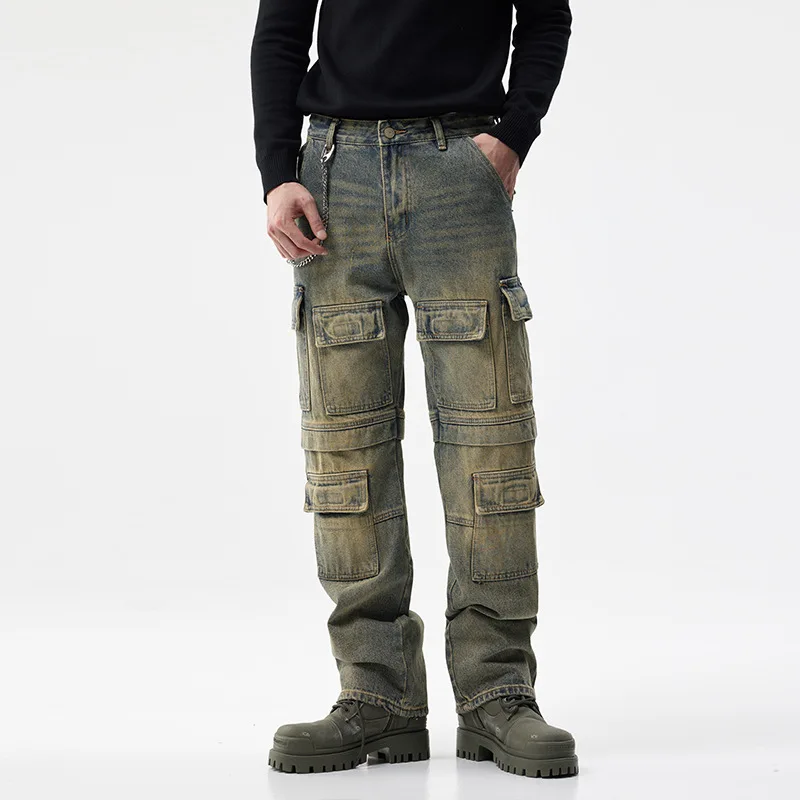 

Retro Nostalgic Jeans for Men Autumn Winter 2024 Personality Multi-Pocket Workwear Design Trend Distressed Denim Y2K Trousers