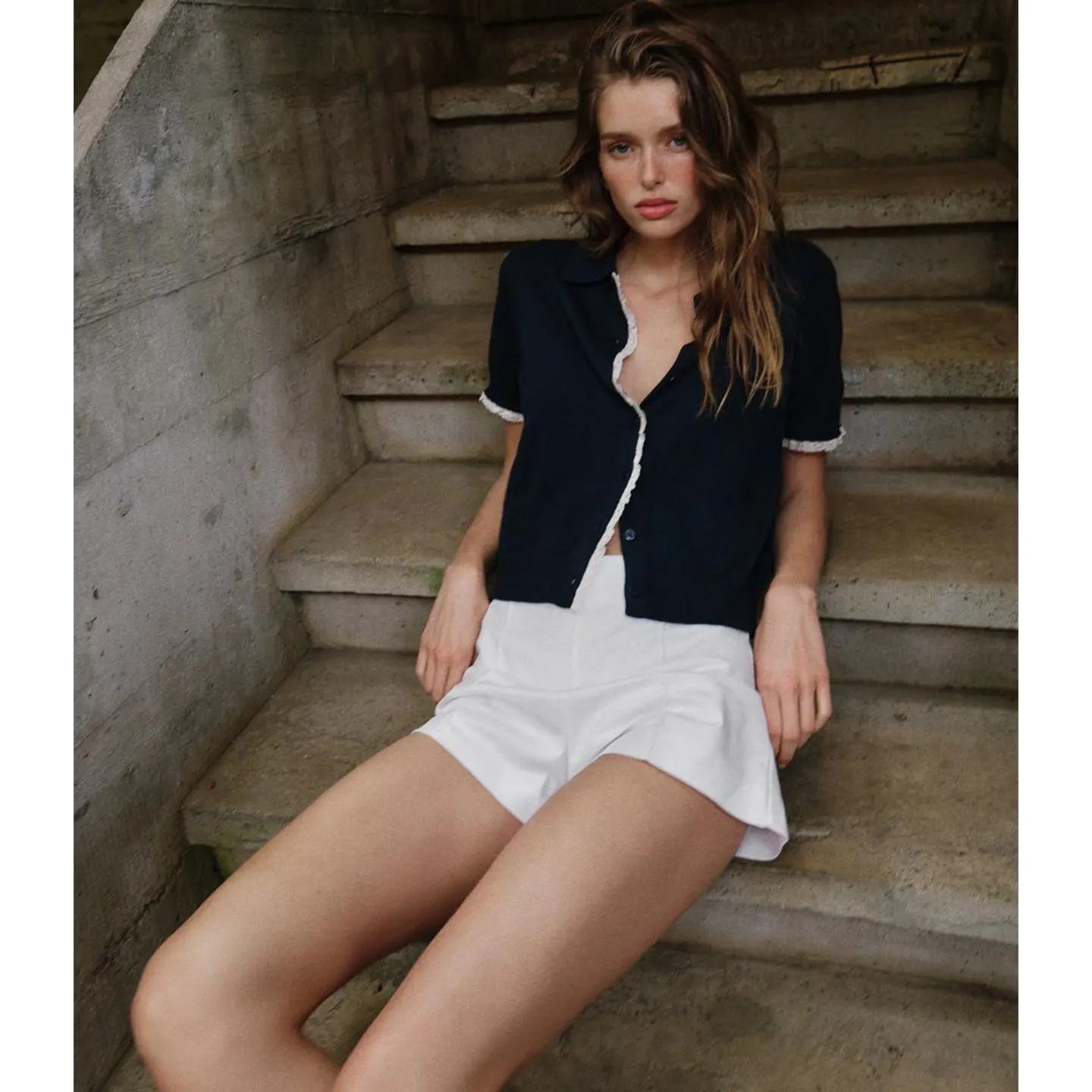 Summer New Women's Casual Style Short Sleeve  Collar Color Block Lace Trim Knitted Jacket Polyester Fiber Open Cardigan