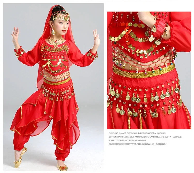 Dance Wear Children Belly Dance  Costume Set Girls Indian Flowers Outfit 5pcs (Top Belt Skirt Veil Headpiece)