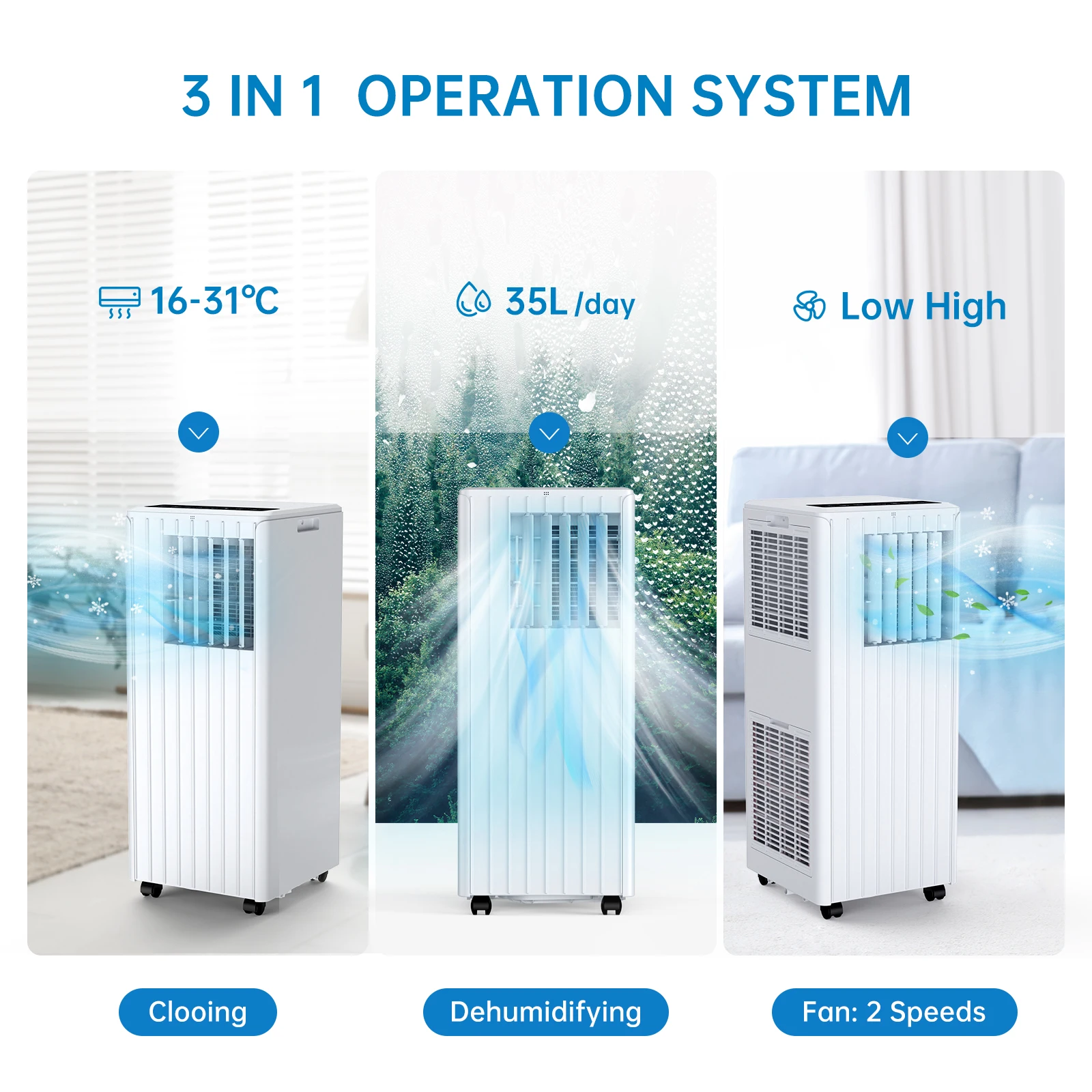 Aires acondicionados móviles con ventilador deshumidificador de refrigeración Modo 3 en 1, aire acondicionado portátil con ventilador deshumidificador de refrigeración Modo 3