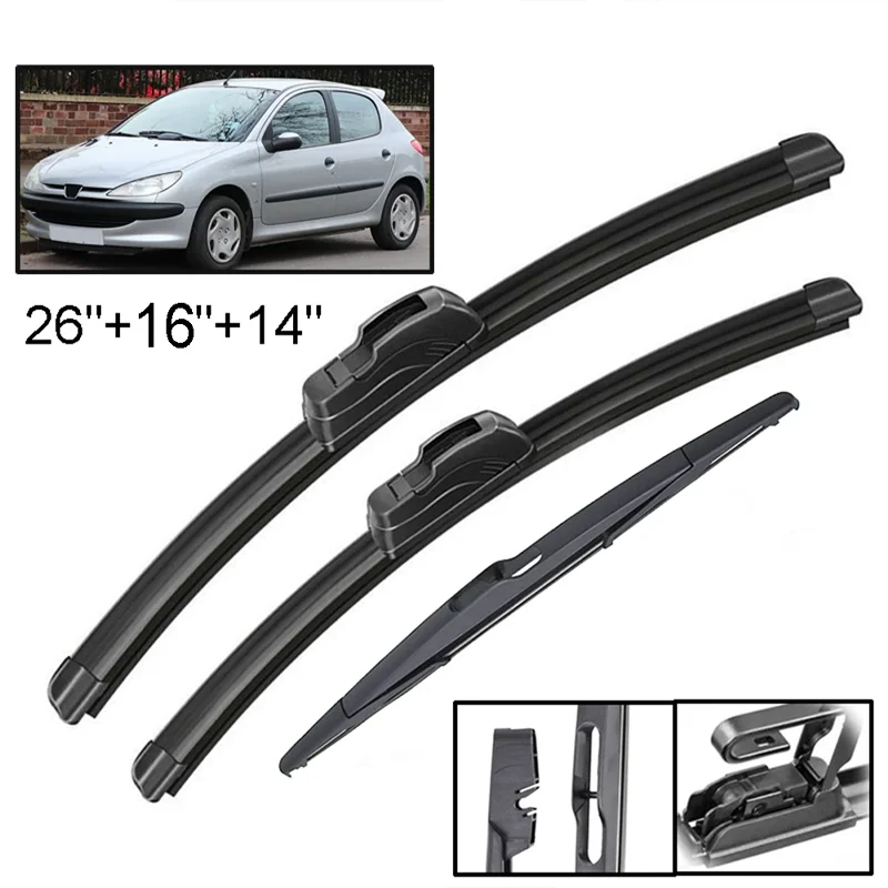 3Pcs Front Rear Windscreen Wiper Blades Set For Peugeot 206 Hatchback 2006 2005 2004 2003 2002 2001 26"16"14"