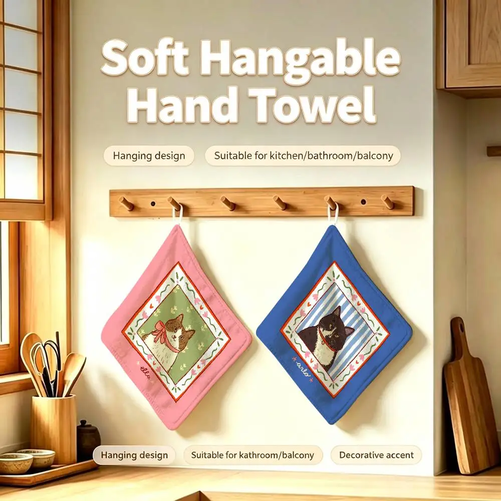 Cute caroon cat portrait frame fashion Polyester Hanging Kitchen Hand Towel Durable Wear Resistant Versatile Use Throughout Home