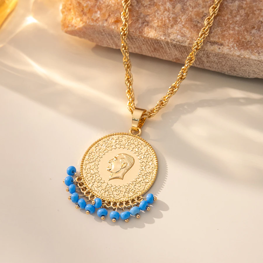 1PC Gold-Plated Lady Pendant Necklace Turkish Kurdish Fashionable Coin Tassel Arab Totem Long Middle Eastern Style Jewelry