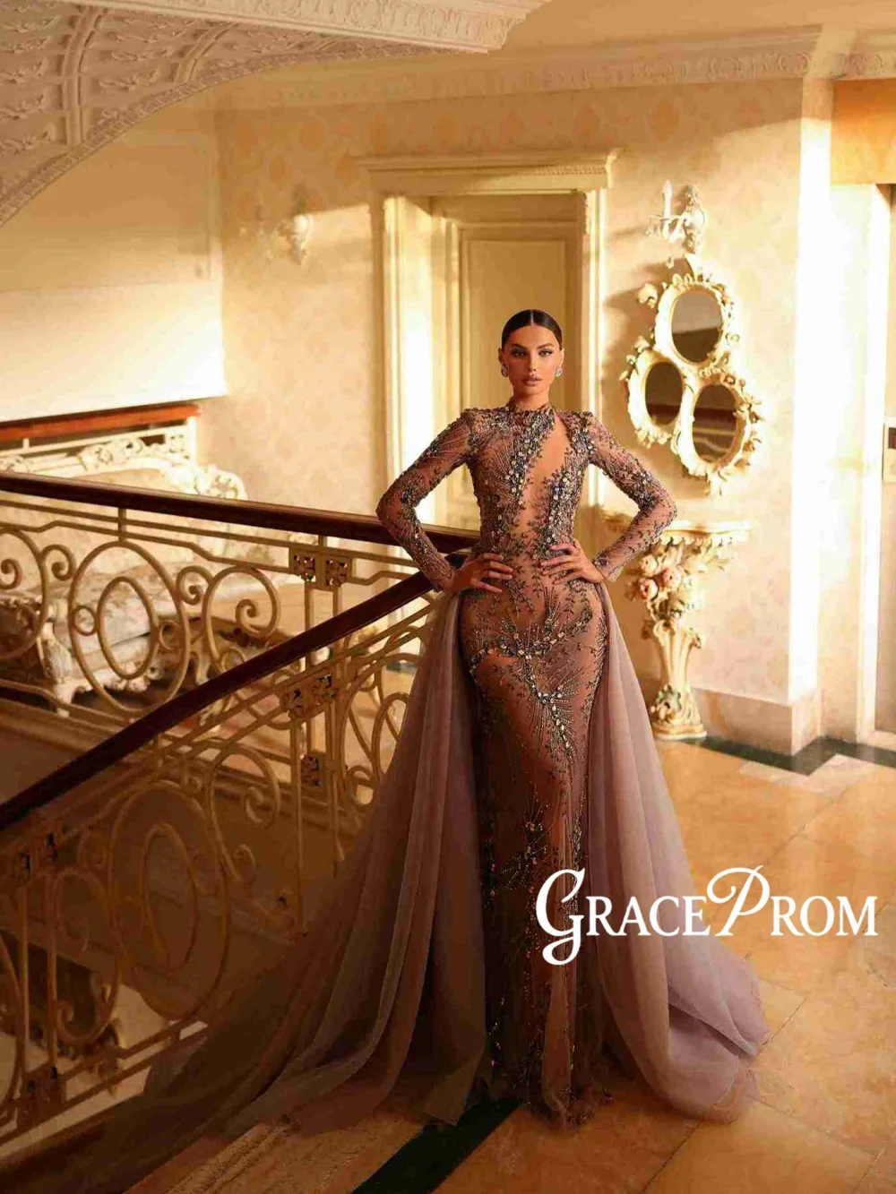 

New Arrival Chic Beaded Evening Dress With Overskirt Stunning Illusion Wedding Party Gown Customized Long Sleeve Banquet Gowns