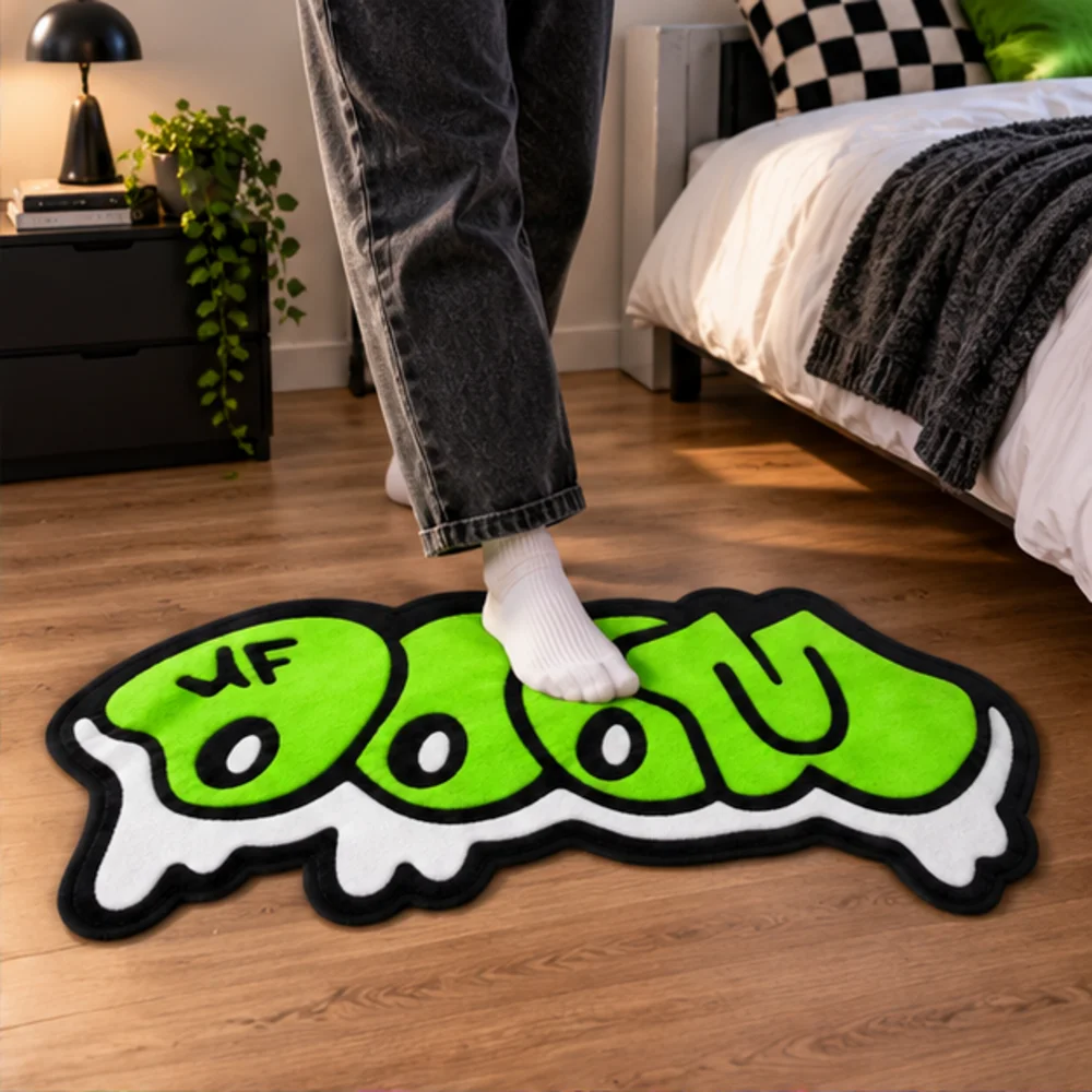 Green Graffiti Shaped Area Rug Urban Street Art Flannel Floor Mat for Gaming Room Bedroom Living Room Entryway Home Decor