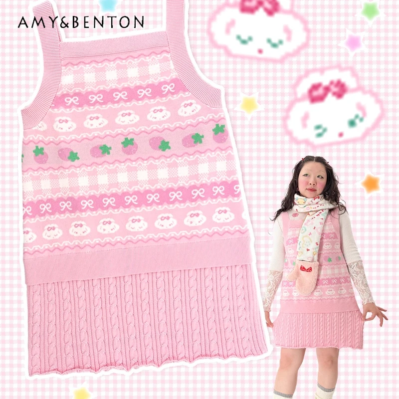 

Japanese Design Pink Bow Fruit Print Women's Knitted Dress Autumn Winter New Sweet Age-Reducing Sleeveless Sling Dresses Ladies