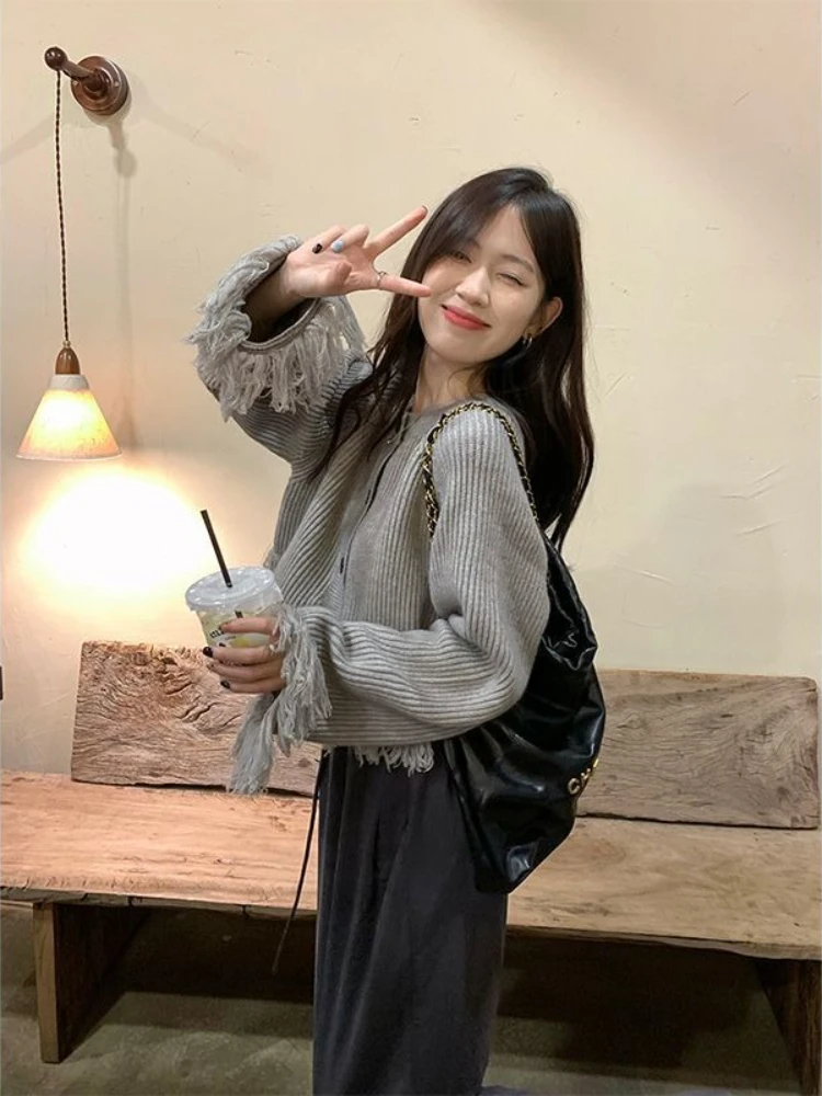 タッセル付きレディースニットセーター、格安カジュアルでエレガントなジャケット、長袖韓国風グレーカーディガンの新作