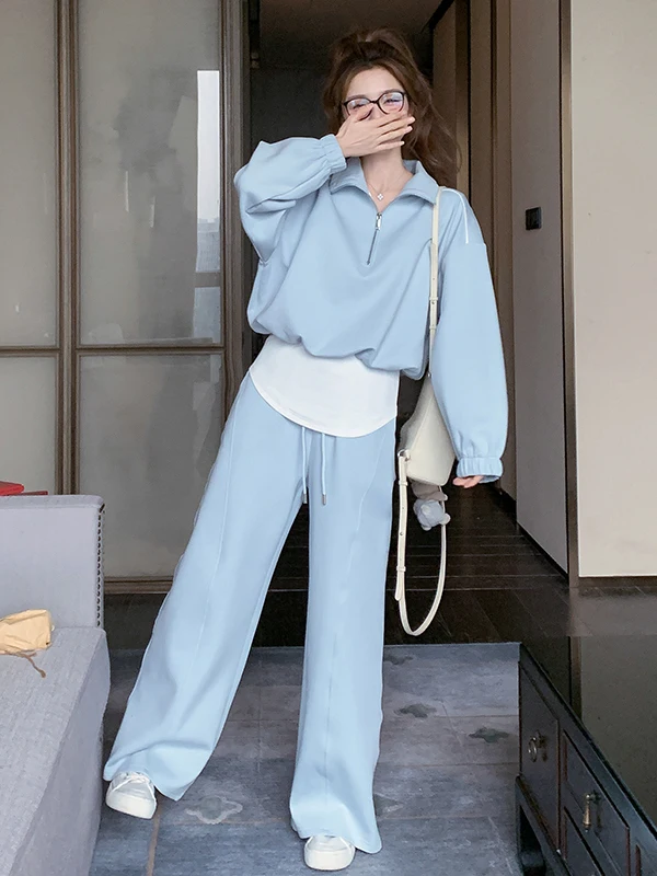 

Casual Korean Style Half Zipper Sweatshirt Wide Leg Pants Two Piece Set Spring Autumn New Age Reduction Blue Sportswear Women
