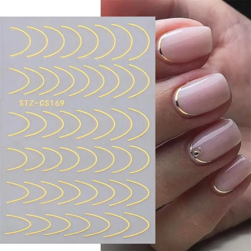 Pegatina para uñas con líneas de rayas curvas, cinta giratoria dorada, calcomanía minimalista para manicura francesa, diseño de uñas de Metal CHSTZCS169