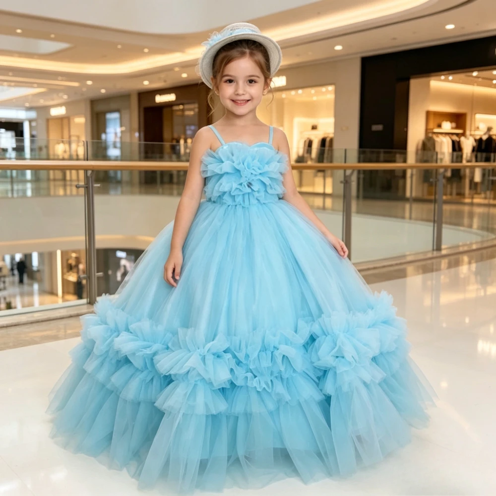 New Kids Formal Sleeveless Strapless Birthday Gown Blue Full Skirt Costume Wedding Dress Girls Fashion Elegant Piano Performance