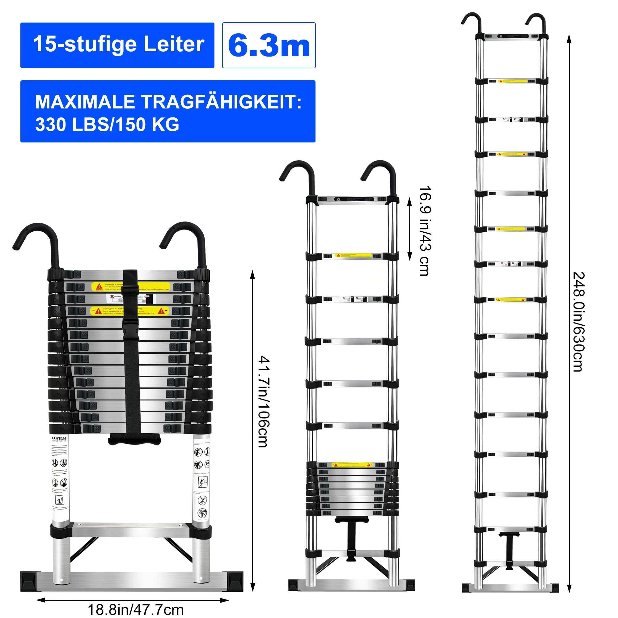 BRSTHECO 2,6/3,2/3,8/4,4/5,1/6,3 m telescopische roestvrijstalen ladders, opvouwbaar, capaciteit van 150 kg, kamerdecoratie