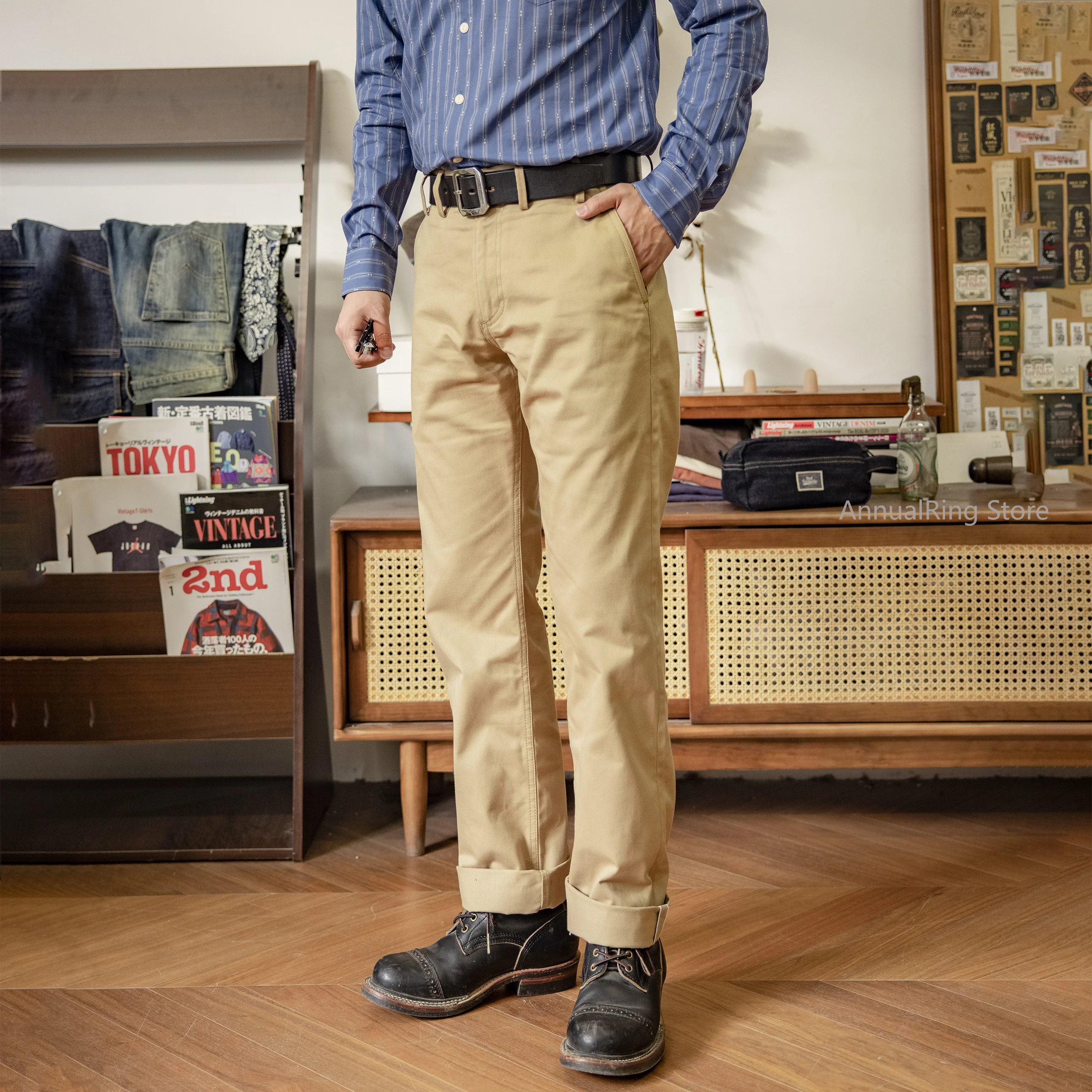 الأحمر تورنادو الأمريكية الرجعية وزرة Selvedge السراويل البضائع غير رسمية الرجال سليم مستقيم الجيش الأخضر تشينو بنطلون