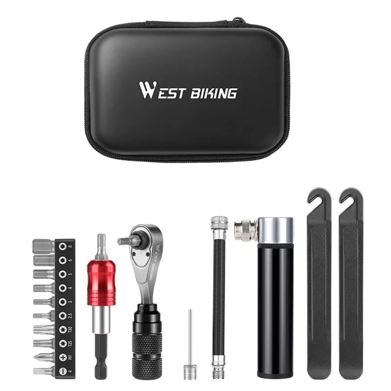 

Bike Repair Kit Include Aluminum Alloy Ratchet Wrench Screw Bits Tire Pry Bar Tire Pump For Bicycle Maintenance