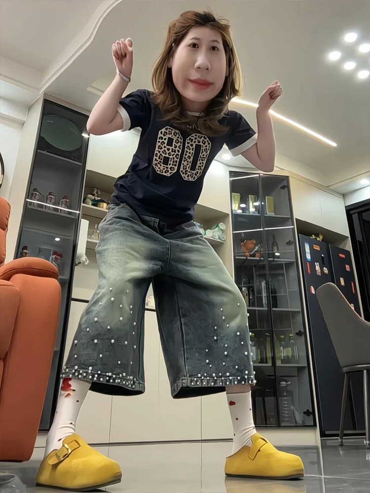 

American Retro Pearl Denim ort High Waists Summer 2025New Wide Leg Pants Rectangular Loose Fem Casual Jeans