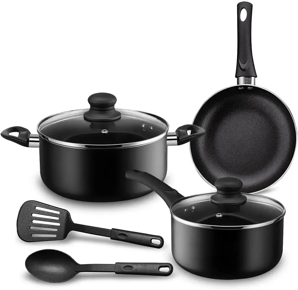 

Chef's Star Pots And Pans Set Nonstick, Kitchen Cookware Sets, Aluminum Cooking Essentials 7 Pieces Black