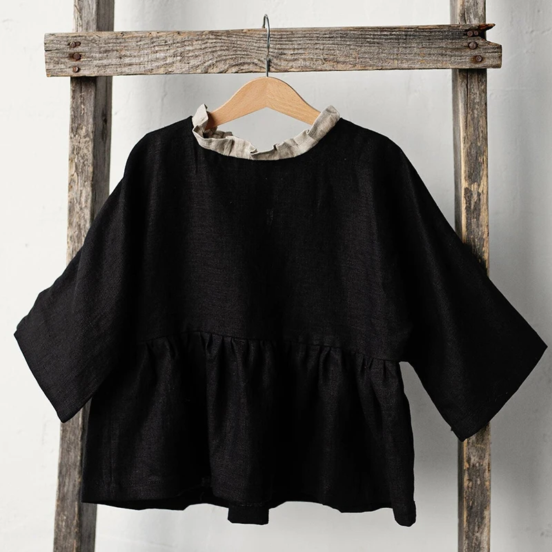 Autumn Retro Girls Linen Blouse 2024 New Chic Back Tie Splicing Crew Neck Ruffled Cotton And Linen Long-Sleeved Shirts