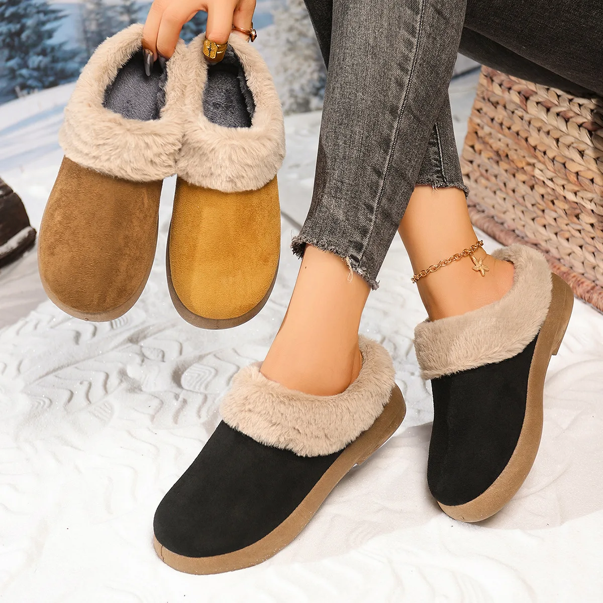 

Fashion Fluffy Platform Slippers for Women NEW Winter Plush Warm Cotton Shoes Woman Comfort Non Slip Home Soft Slippers