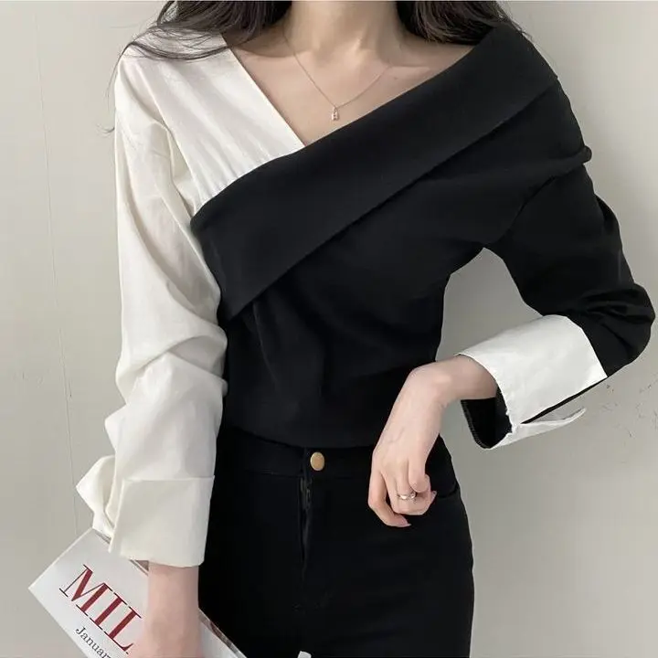 Korean Women Blouse Autumn Patchwork Off-the-shoulder Top Gentle Female Fairycore V-neck All-Match Long Sleeve