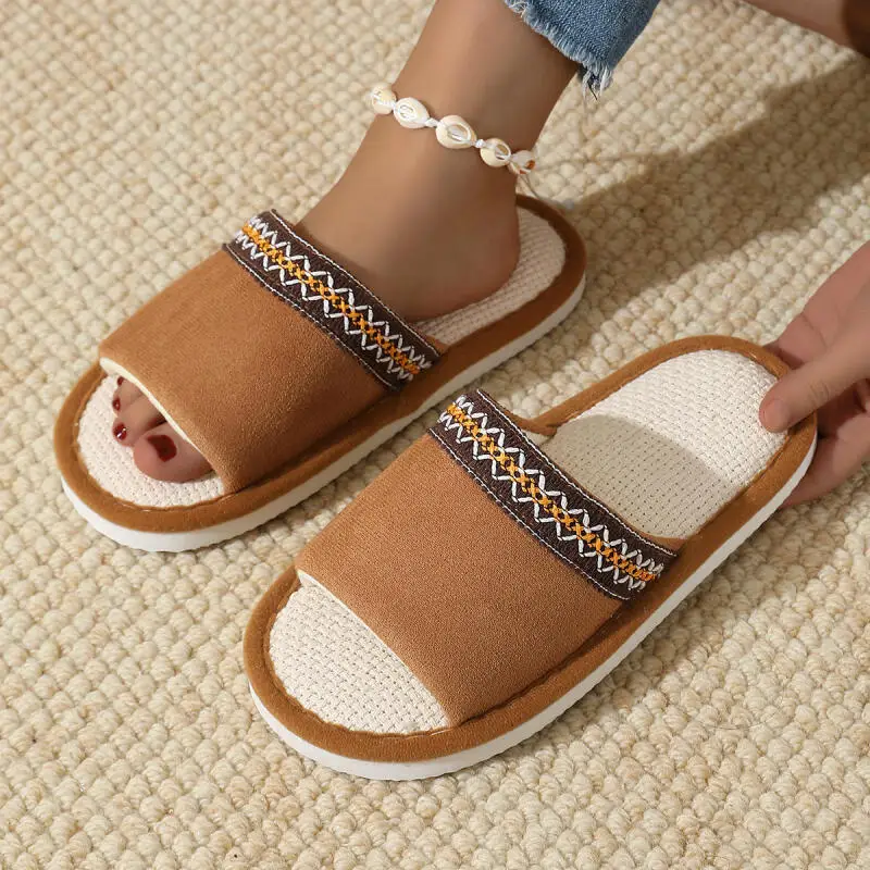 Bohemia Embroidery Non Slip Indoor Slippers Womenwinter 2026 Comfortable Breathable Hemp Sole Home Slippers Couple House Slides