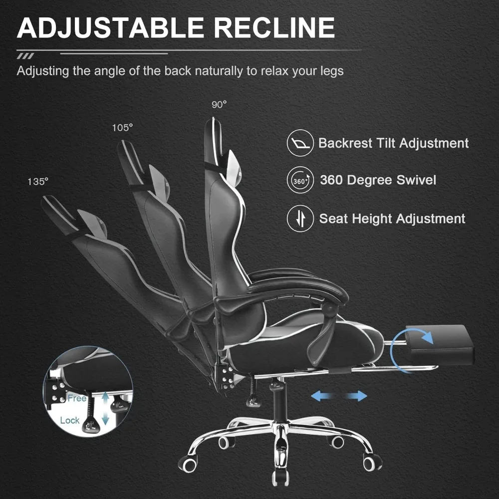 Silla Gaming con reposapiés y soporte Lumbar, asiento giratorio de 360 °, altura ajustable