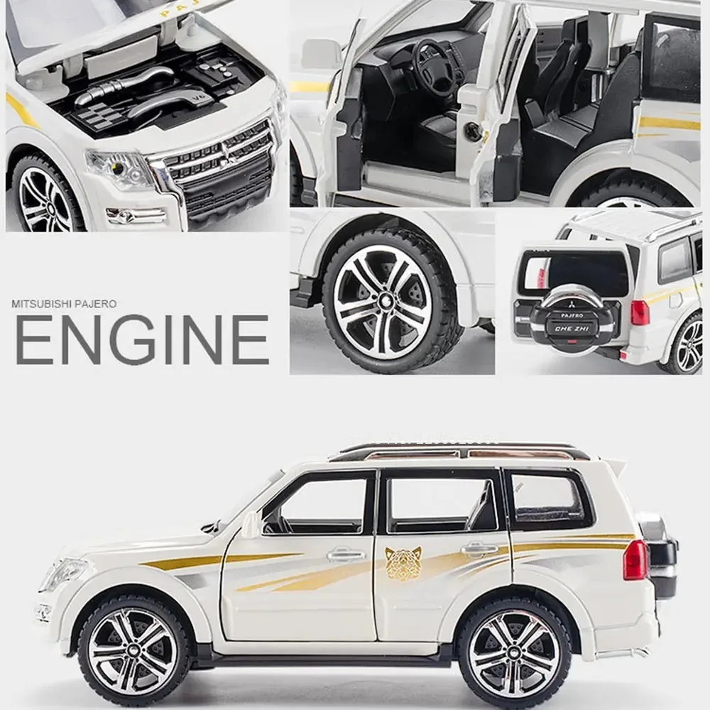 1:32 Mitsubishi Pajero SUV Alloy Diecast Car Model Simulation Toys Sound and Light Pull Back Off Road for Boy Gifts Collection