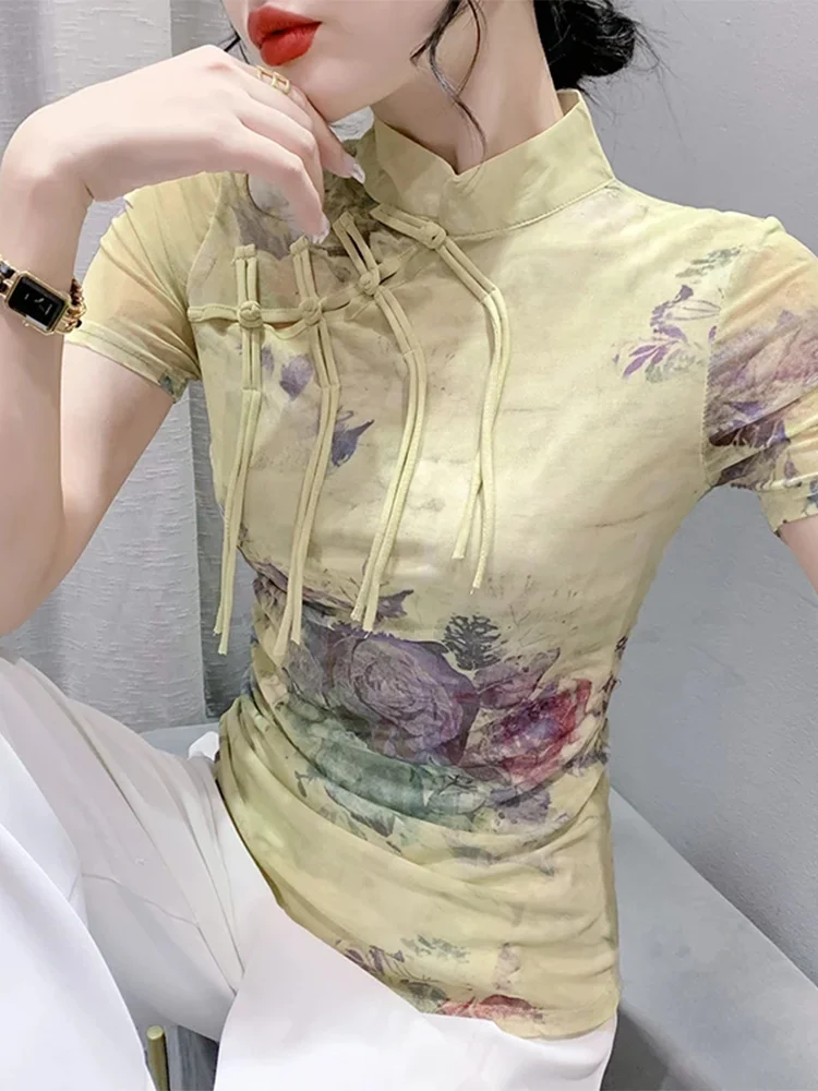 

Winsleter Streetwear Summer Tshirts Short Sleeve Office Workwear Tees Ladies Sexy Stand Collar Print Slim Tops T37116JM