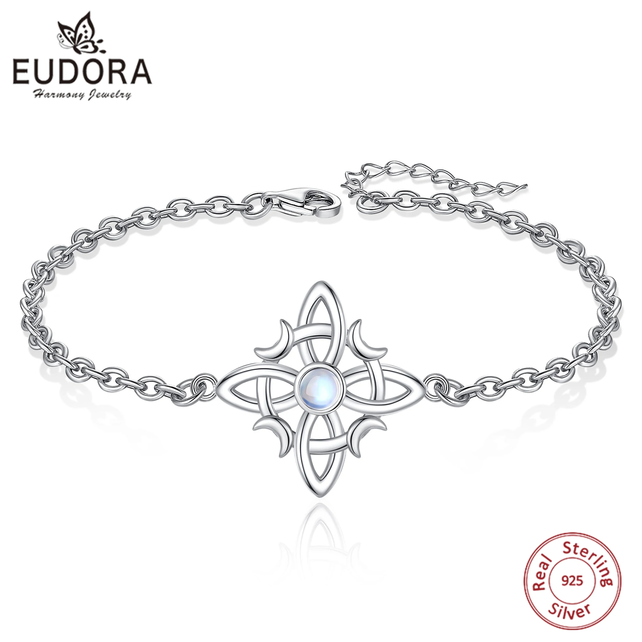 Eudora 925 Sterling Silver Witch Knot Bracelet Moonstone Irish Celtic Knot Amulet Chain Bracelet Witchcraft Jewelry Wicca Gift