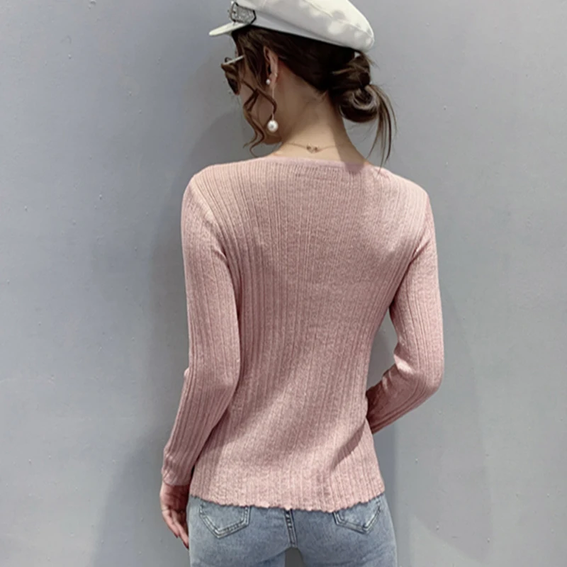 MadBlack Spring European Clothes O Necks Sweater Women Knitted Mesh Patchwork Hot drill Tops Long Sleeve Bottoming Pullo T34604X