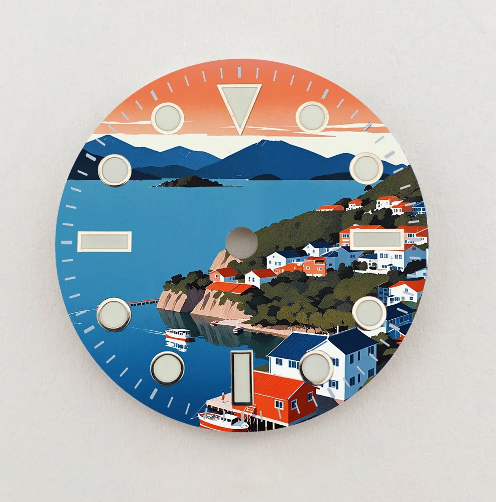 NH35 Dial 28.5Mm Dial Seaside Town Dial Kreatif NH36 Dial Warna Dial Cocok NH35/36 Jam Tangan Pergerakan Penggantian Suku Cadang LOGO Kustom