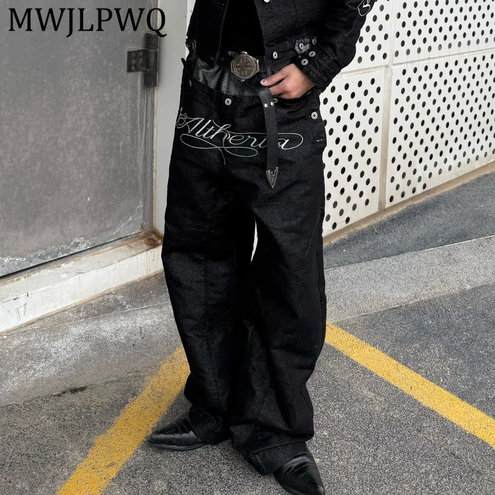 

Джинсы MWJLPWQ с двойным поясом и вощеным покрытием, высококачественные, с принтом и металлическим дизайном, свободного кроя, унисекс, прямые, из денима, модель 14659