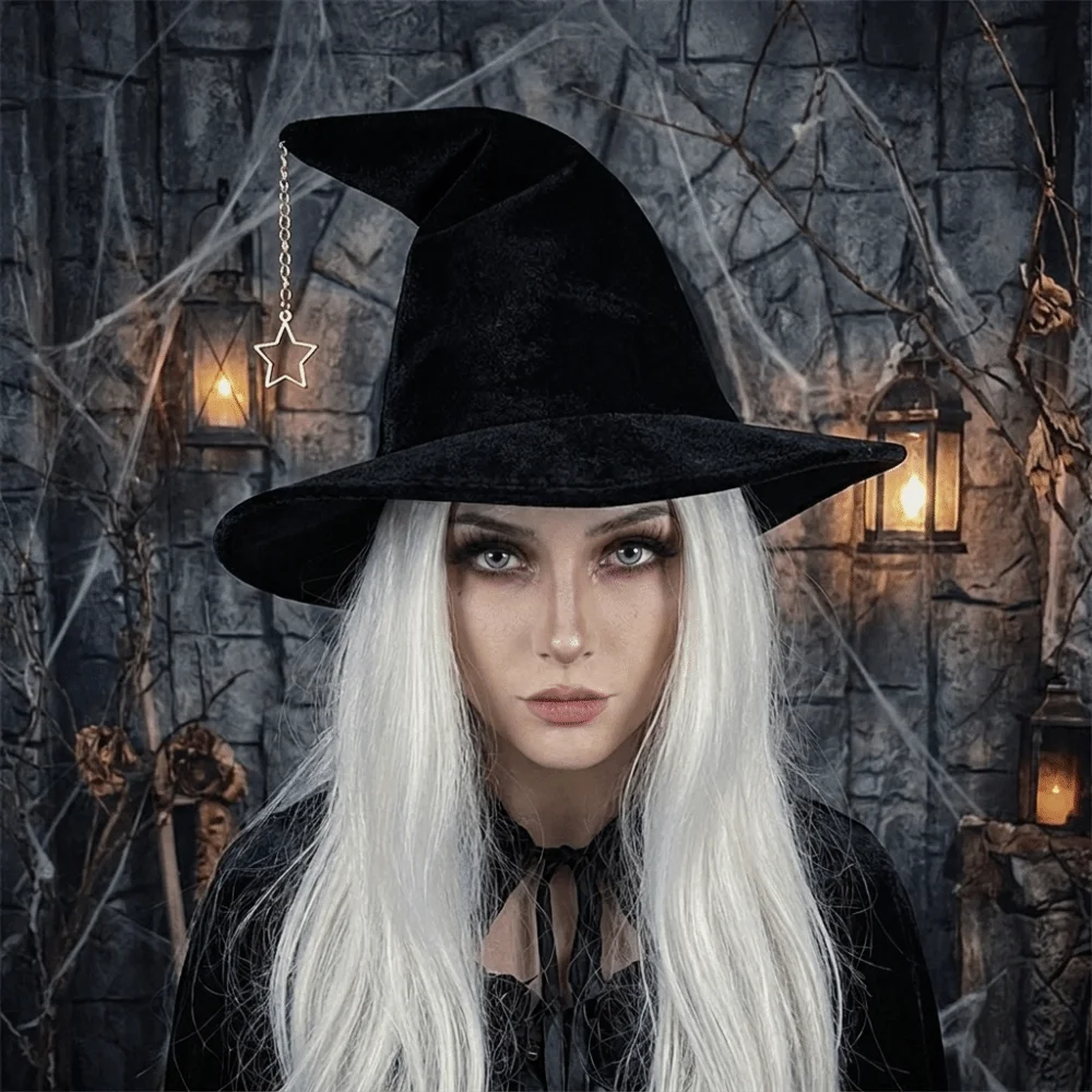 Portable Solid Color Witch Hat Star Pendant Korean Style Wool Bucket Hat Wizard Cap Foldable Halloween Hat Festival Decoration